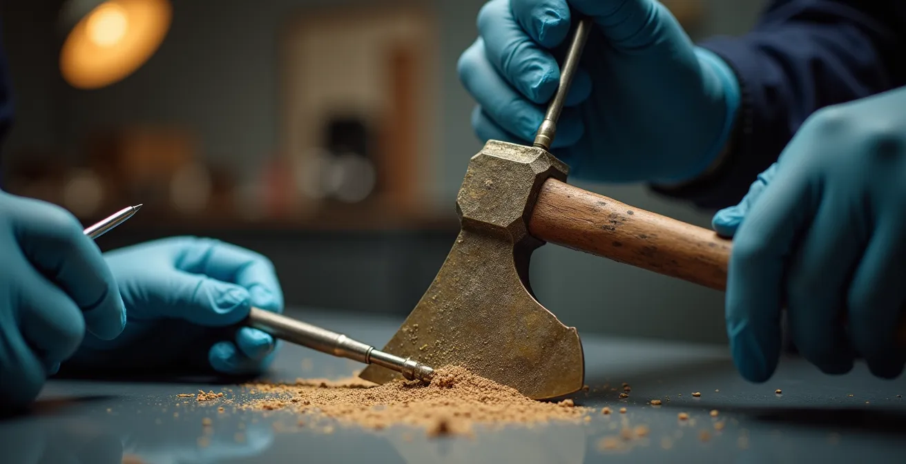 Mains expertes réalisant un constat d'état détaillé d'une œuvre d'art avec documentation photographique