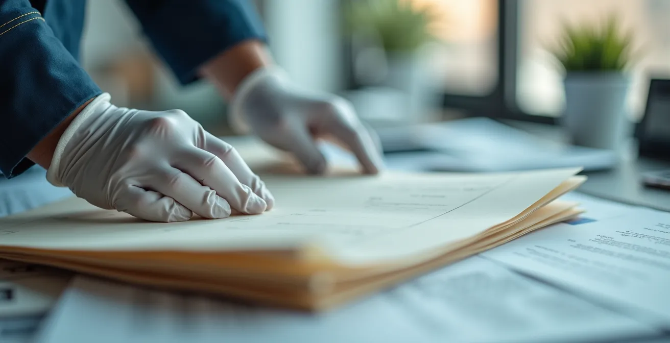 Gros plan sur des mains manipulant des documents avec effet de profondeur de champ