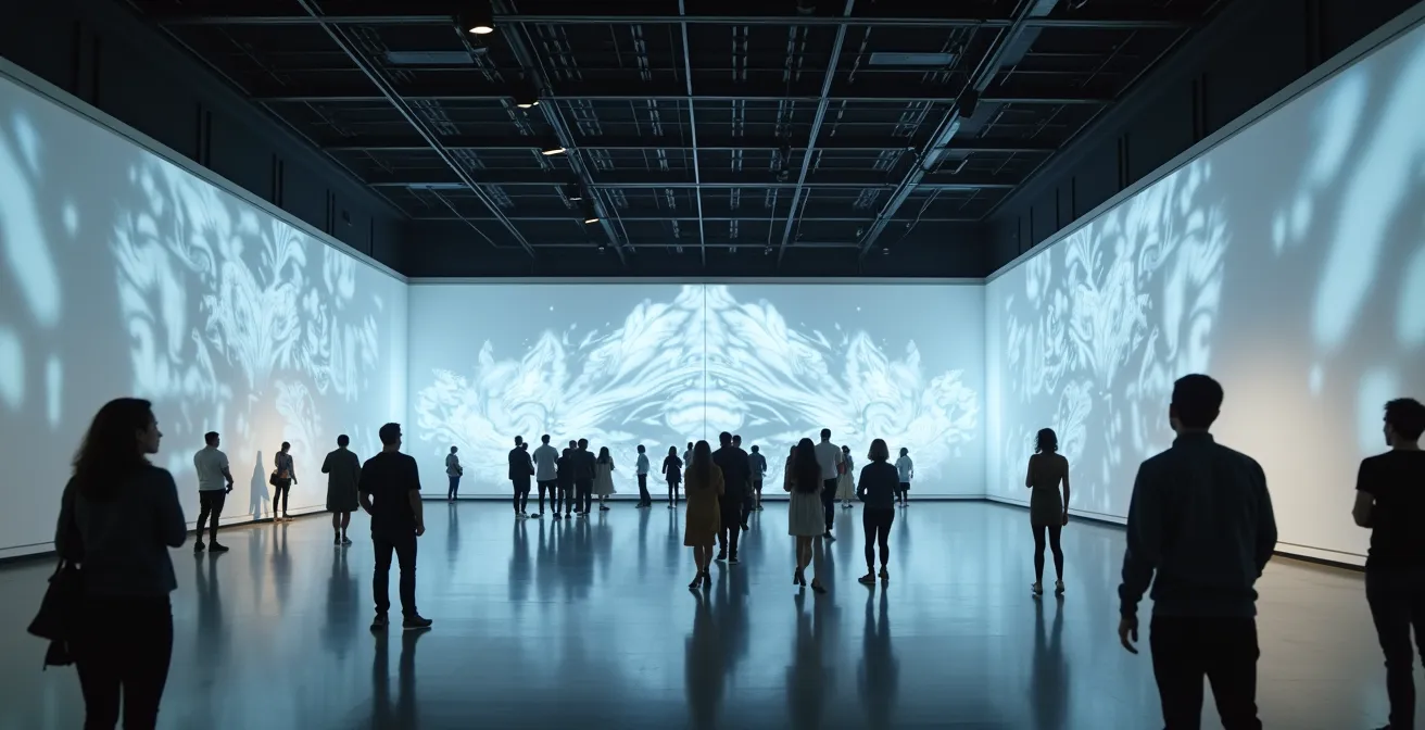 Vue large d'un espace muséal transformé par des projections lumineuses