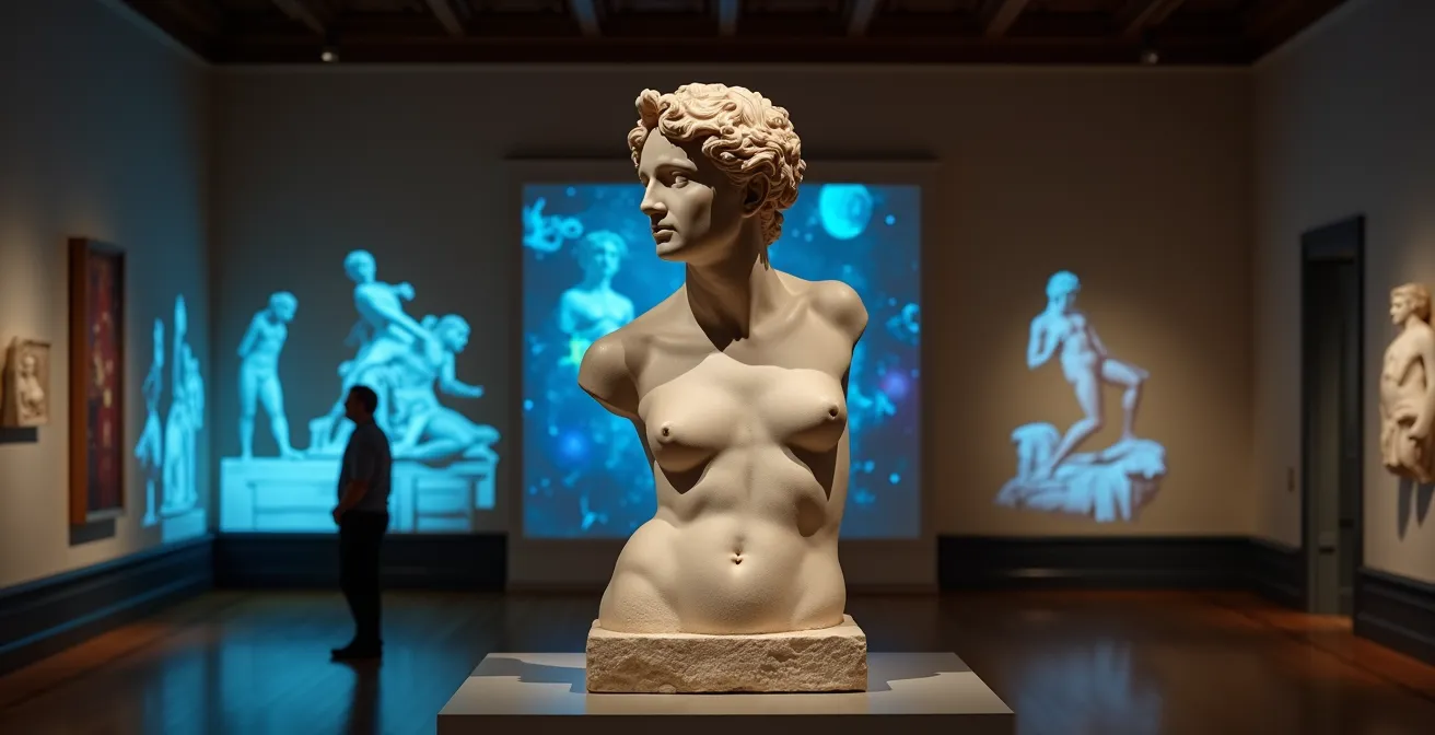 Juxtaposition d'une sculpture classique et d'éléments numériques interactifs